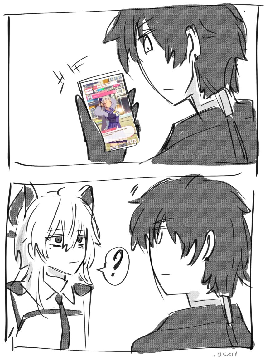 .osari, 1boy, 1girl, ?, bags_under_eyes, closed_mouth, collared_shirt, curled_horns, game_screenshot_inset, gold_ship_(umamusume), greyscale, highres, holding, holding_phone, horns, looking_at_another, male_rover_(wuthering_waves), monochrome, necktie, phone, rover_(wuthering_waves), shirt, spoken_question_mark, ueda_hitomi, umamusume, voice_actor_connection, wuthering_waves, zani_(wuthering_waves)