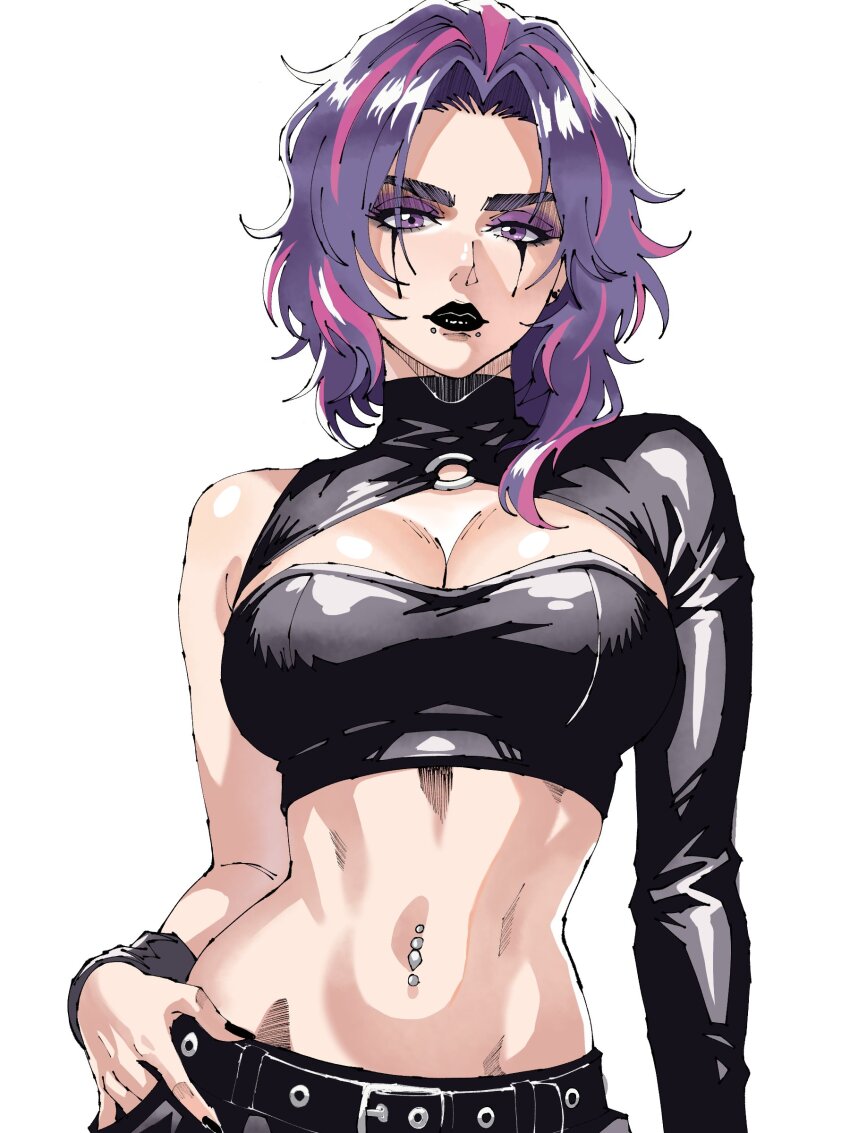 1girl, absurdres, belt, black_belt, black_lips, black_nails, black_shrug, black_tube_top, boku_no_hero_academia, breasts, cleavage, commentary, english_commentary, eyeshadow, highres, lady_nagant, large_breasts, looking_at_viewer, lorna12155671, makeup, navel_piercing, piercing, pink_streaks, purple_eyes, purple_eyeshadow, purple_hair, shrug_(clothing), simple_background, snakebite_(piercing), solo, strapless, tube_top, white_background