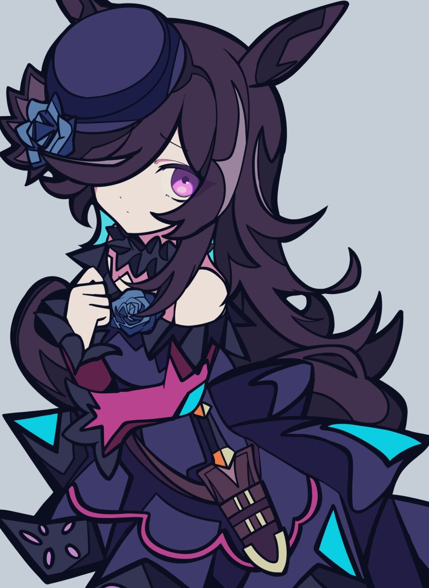 1girl, animal_ears, black_dress, blue_flower, blue_rose, brown_hair, clenched_hand, commentary