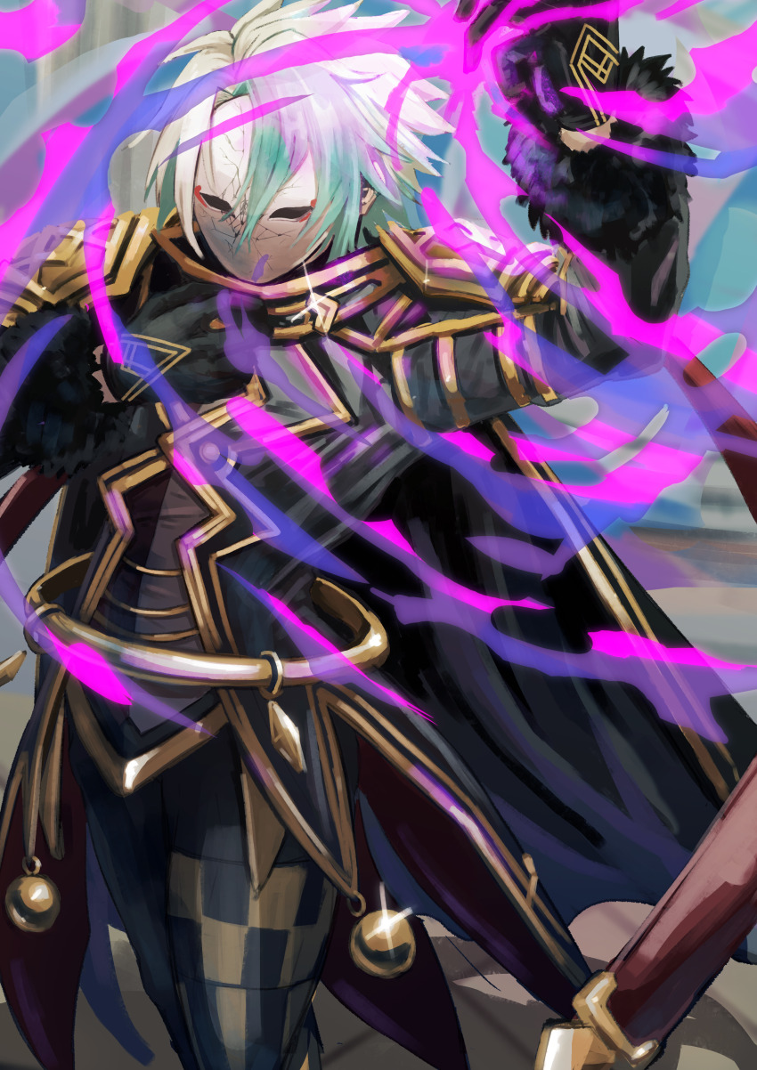 1boy, absurdres, arm_up, broken_mask, cowboy_shot, deus_prometheus_(grimms_notes), green_hair, grimms_notes, highres, male_focus, mask, sa04451557, solo