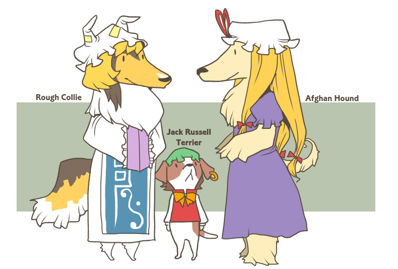 3girls, afghan_hound, animal_ears, blonde_hair, blue_tabard, bow, chen, closed_mouth