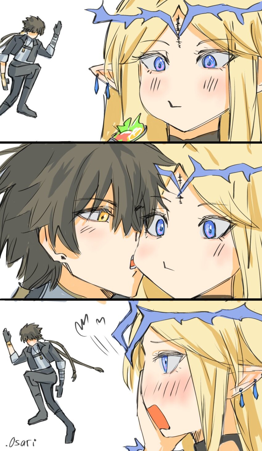 .osari, 1boy, 1girl, biting, biting_cheek, black_hair, black_jacket, black_pants