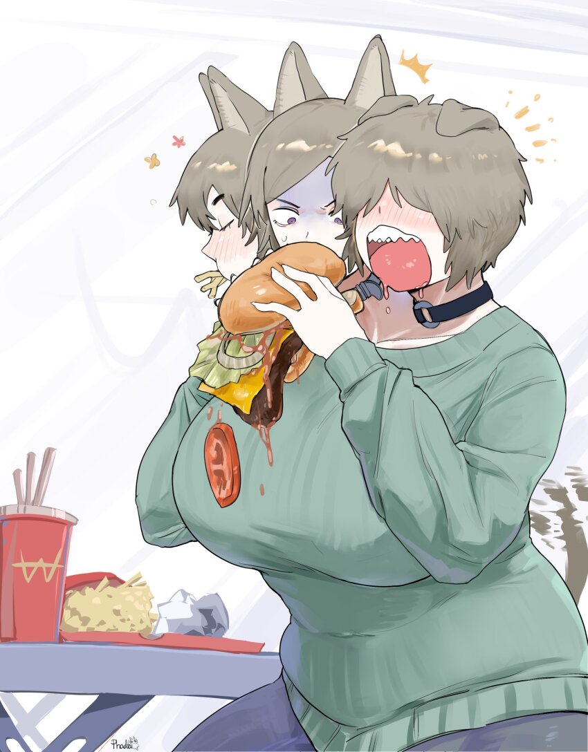 1girl, ^^^, animal_ears, breasts, burger, cerberus, choker, closed_eyes, dog_ears, dog_girl, dog_tail, drooling, eating, falling_food, food, french_fries, hair_over_eyes, highres, huge_breasts, maikamiaka, mcdonald's, open_mouth, purple_eyes, sharp_teeth, sitting, sweater, tail, tail_wagging, teeth, turn_pale, white_background, wide-eyed