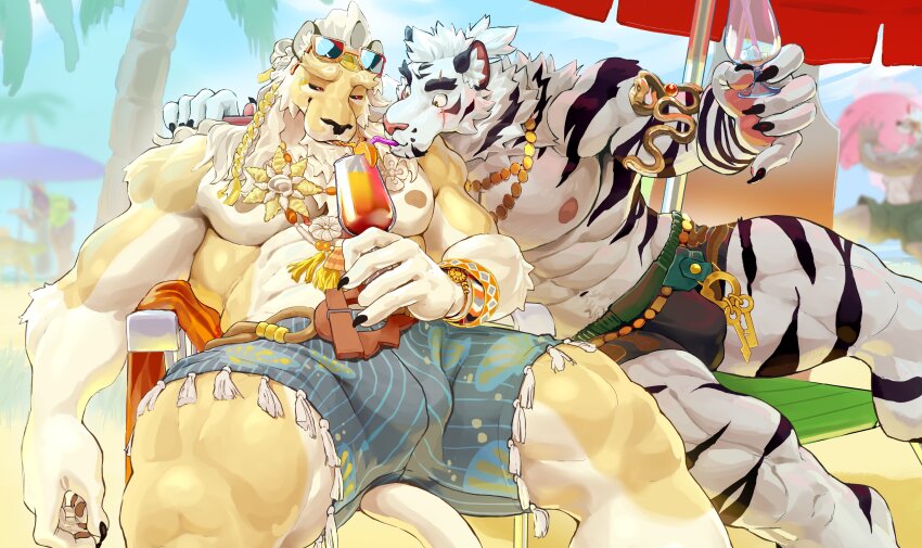 2boys, abs, absurdres, animal_ears, bara, beach, beach_umbrella, biceps