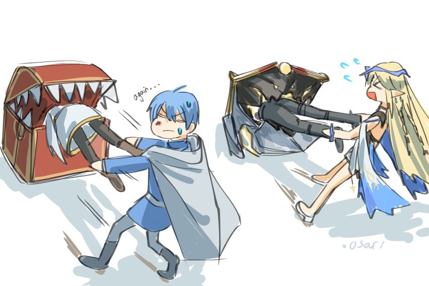 >_<, .osari, 2boys, 2girls, black_pants, black_pantyhose, blonde_hair, blue_hair, blue_shirt, cape, cartethyia_(wuthering_waves), commentary, crossover, dress, flying_sweatdrops, frieren, grey_cape, highres, himmel_(sousou_no_frieren), long_hair, male_rover_(wuthering_waves), mimic, mimic_chest, multiple_boys, multiple_girls, open_mouth, pants, pantyhose, pulling, rover_(wuthering_waves), shirt, sousou_no_frieren, sweatdrop, untranslatable_commentary, white_dress, wuthering_waves