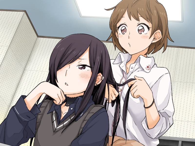 2girls, black_choker, black_shirt, blush, bracelet, brown_eyes, brown_hair, choker
