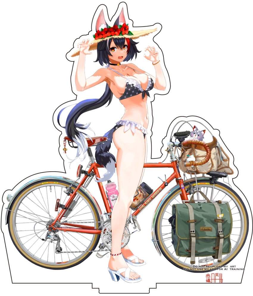 1girl, acrylic_stand_(medium), akaharu_yugama, animal_ear_fluff, animal_ears, armpits, bare_shoulders, beach, bicycle, bikini, black_hair, blush, breasts, claw_pose, commentary_request, ears_through_headwear, frilled_bikini, frills, full_body, hair_between_eyes, hair_ornament, hairclip, halterneck, hat, highres, hololive, legs, long_hair, looking_at_viewer, multicolored_hair, nail_polish, navel, ookami_mio, open_mouth, outline, red_hair, sandals, simple_background, smile, solo, standing, streaked_hair, sun_hat, swimsuit, tail, toenail_polish, toenails, toes, virtual_youtuber, watermark, white_background, wolf_ears, wolf_girl, wolf_tail, yellow_eyes