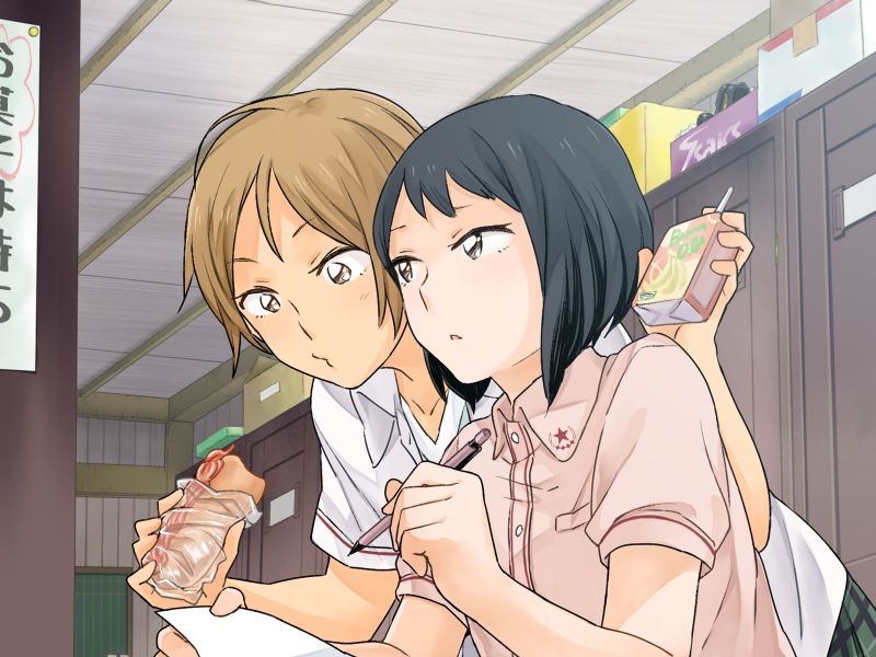 2girls, amishima_matsuri, black_hair, brown_eyes, brown_hair, collared_shirt, drink_carton, food