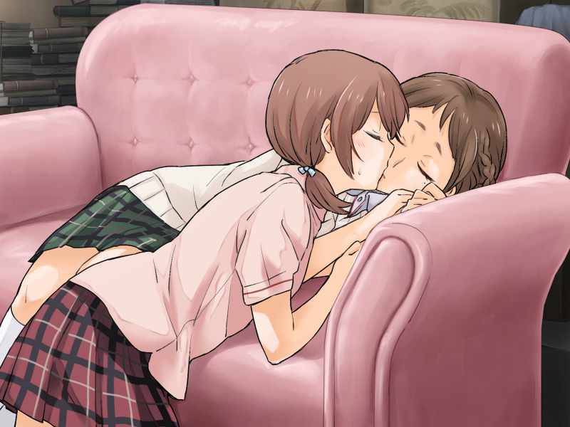 2girls, aihara_miki, blue_eyes, brown_hair, closed_eyes, closed_mouth, collared_shirt, couch