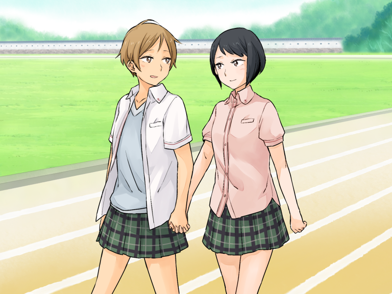 2girls, amishima_matsuri, black_hair, blue_shirt, brown_eyes, brown_hair, closed_mouth, collared_shirt