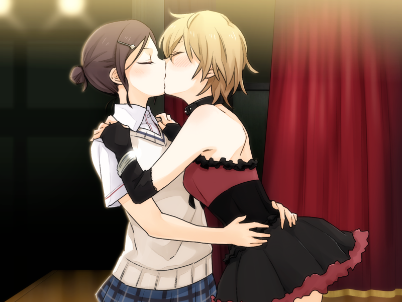 2girls, ariu_aki, bare_shoulders, black_dress, blonde_hair, blue_skirt, blush, brown_hair