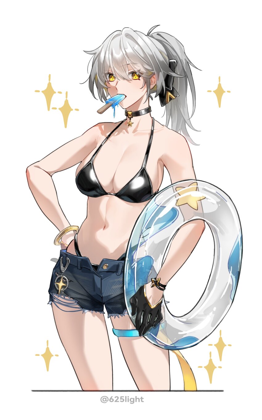1girl, 625light, absurdres, bikini, bikini_bottom_under_shorts, bikini_under_clothes, black_bikini, black_choker, black_gloves, bracelet, breasts, choker, commentary, denim, denim_shorts, food, food_in_mouth, gloves, grey_hair, half_gloves, highres, holding, holding_swim_ring, honkai:_star_rail, honkai_(series), innertube, jewelry, large_breasts, medium_hair, popsicle, popsicle_in_mouth, shorts, solo, star_(symbol), star_symbol_background, stelle_(honkai:_star_rail), swim_ring, swimsuit, thigh_strap, thighs, trailblazer_(honkai:_star_rail), twitter_username, unbuttoned, white_background, yellow_eyes