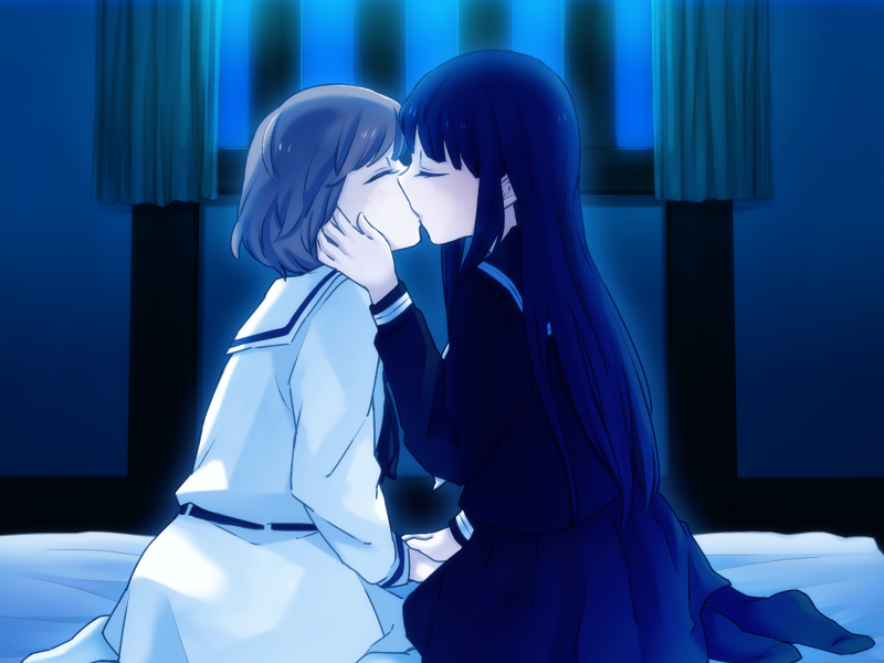 2girls, black_hair, black_shirt, black_skirt, blush, brown_hair, closed_eyes, curtains