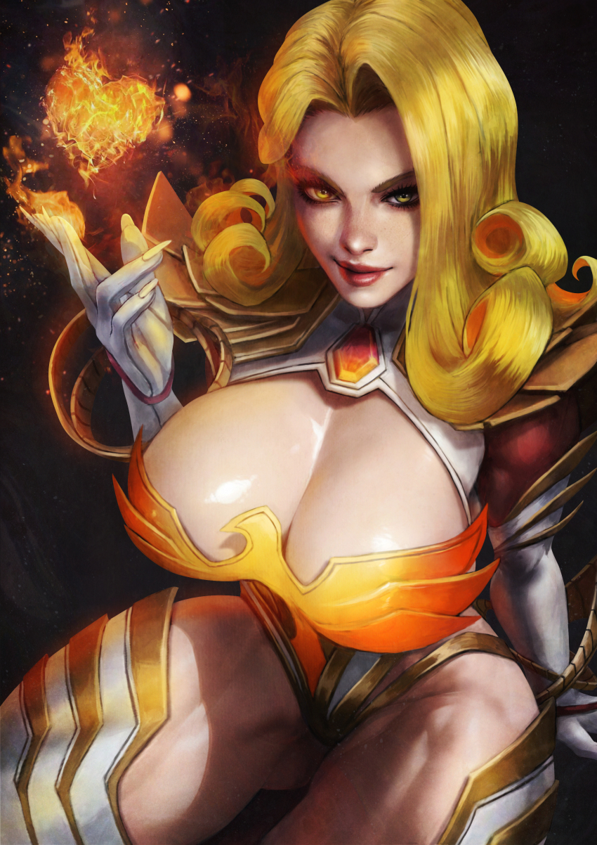 1girl, absurdres, blonde_hair, breasts, cleavage, closed_mouth, commentary, emma_frost, emma_frost_(phoenix_diamond), english_commentary, gloves, heart, highleg, highleg_leotard, highres, large_breasts, leotard, long_hair, looking_at_viewer, magic, marvel, marvel_rivals, monori_rogue, official_alternate_costume, seductive_smile, smile, solo, superhero_costume, white_gloves, white_leotard, yellow_eyes