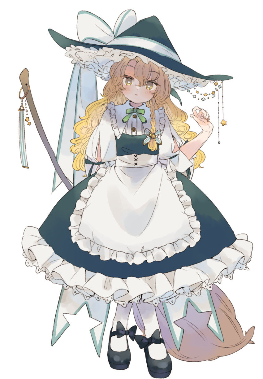 1girl, apron, black_hat, black_skirt, black_vest, blonde_hair, bow, bowtie