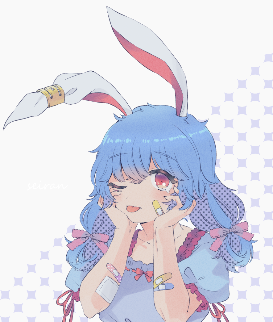 1girl, animal_ears, bandages, bandaid, blue_dress, blue_hair, blush, bow