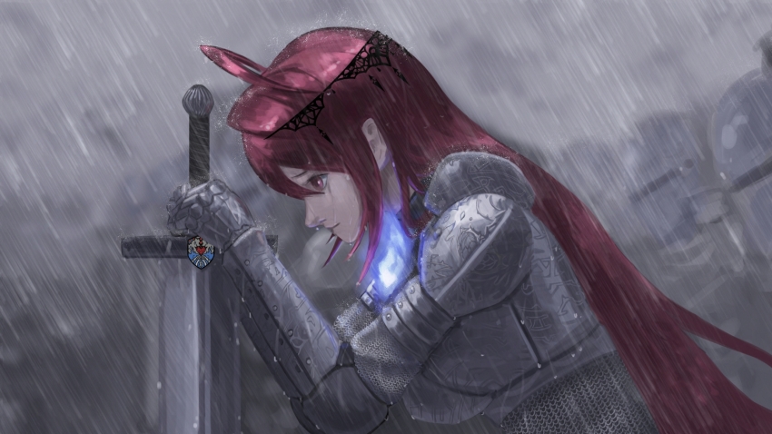 1girl, ahoge, armor, blue_fire, chada_ijwtmcs, commentary, elizabeth_rose_bloodflame, english_commentary