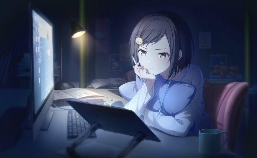 1girl, book, brown_eyes, brown_hair, chick_hair_ornament, colorful_palette, computer_keyboard, computer_mouse