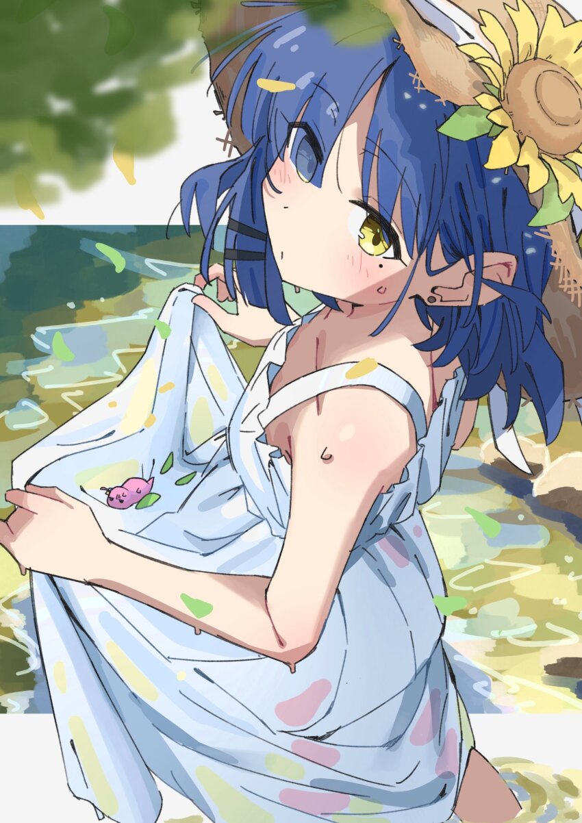 1girl, animalization, bare_arms, bare_shoulders, blue_hair, blurry, blush, bocchi_the_rock!