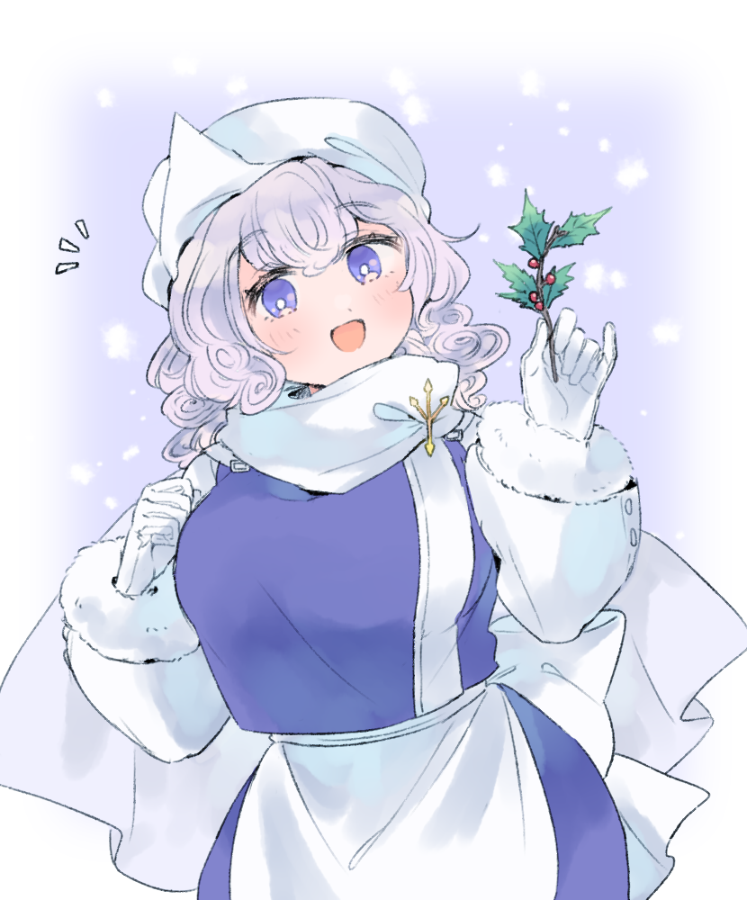1girl, :d, apron, blue_background, blue_dress, blue_eyes, blue_shirt, blush, breasts, commentary_request, cowboy_shot, dress, fur-trimmed_sleeves, fur_trim, gradient_background, hat, holding, holding_mistletoe, lapel_pin, large_breasts, letty_whiterock, long_sleeves, looking_at_viewer, medium_hair, mistletoe, notice_lines, open_mouth, r9nr9, scarf, shirt, smile, snowing, solo, touhou, white_apron, white_hat, white_scarf