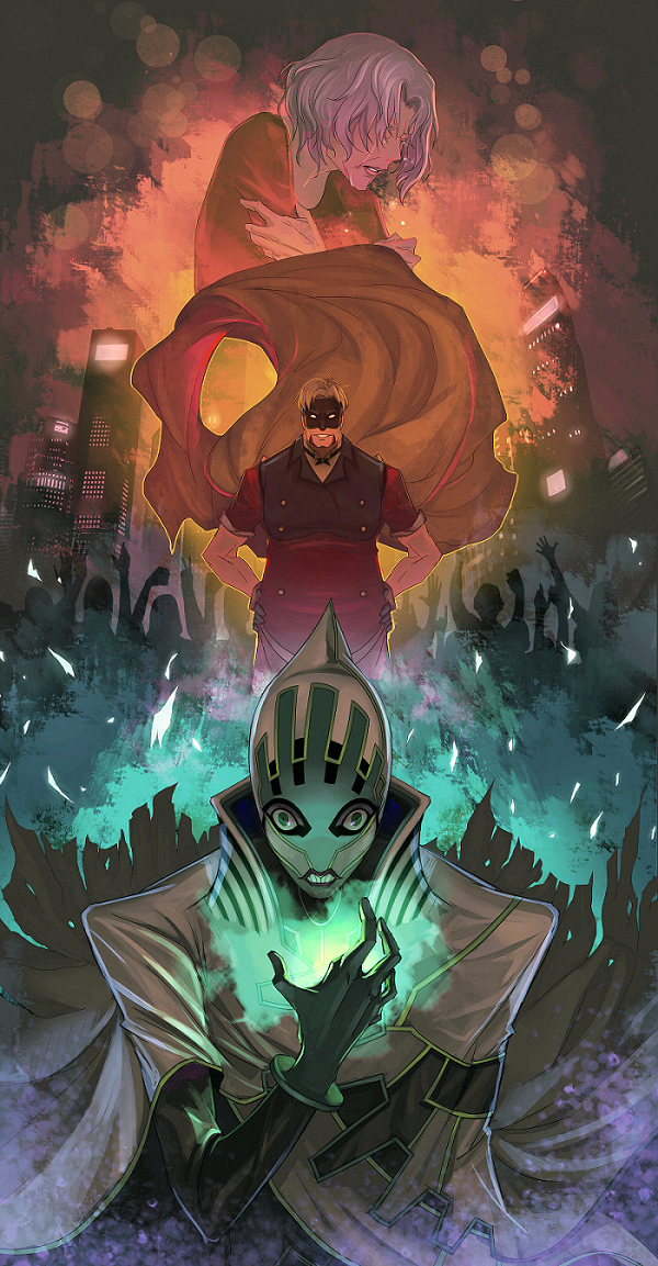 10s, 1girl, 2boys, blonde_hair, blue_fire, cape, fire, gloves, green_fire, grey_hair, legend_(tiger_&amp;_bunny), lips, lunatic_(tiger_&amp;_bunny), mask, mask_alice, multiple_boys, olga_petrov, superhero_costume, tears, tiger_&amp;_bunny, torn_clothes, yuri_petrov