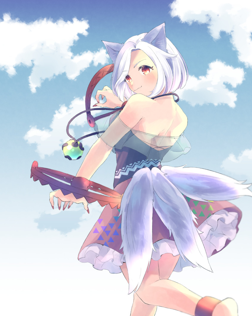 1girl, animal_ears, backless_outfit, bare_shoulders, bear_trap, blue_sky, blue_streaks, cloud
