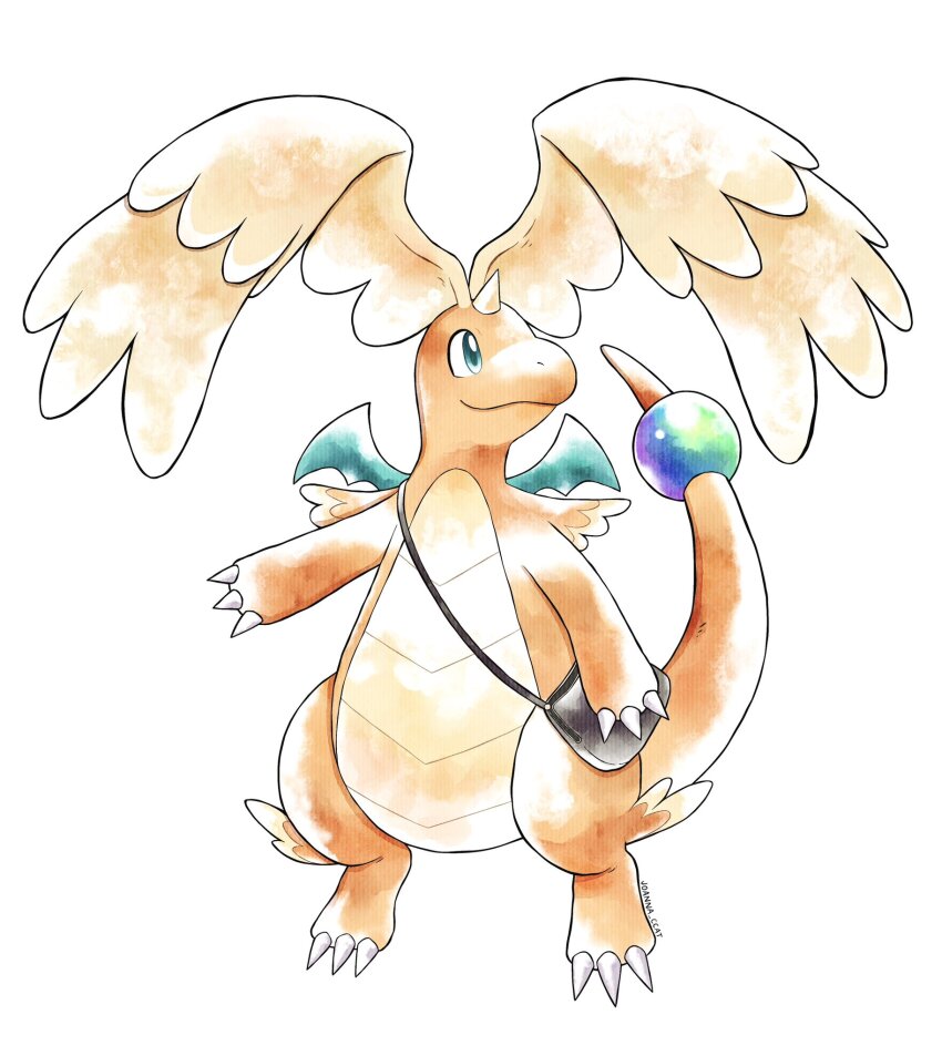 bag, claws, closed_mouth, colored_skin, dragon, dragonite, feathered_wings, full_body