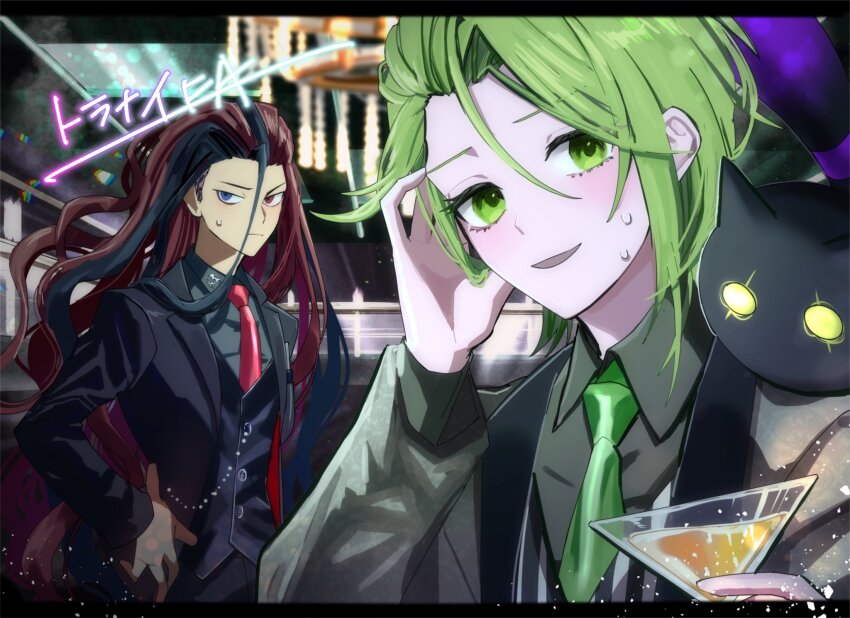 2boys, :d, akiba_ichinosuke, alternate_costume, black_hair, black_jacket, black_vest, blue_eyes