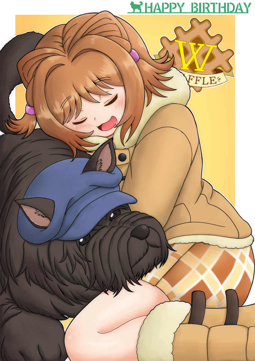 1girl, 1other, absurdres, amanone_yun, black_dog, blue_hat, boots, brown_boots, brown_hair, brown_skirt, checkered_clothes, checkered_skirt, coat, cone_hair_bun, dog, fur_boots, fur_coat, girls_und_panzer, hair_bun, hair_ornament, hairpin, happy_birthday, hat, highres, miniskirt, pleated_skirt, school_uniform, short_hair, skirt, sleeping, waffle_(emblem), waffle_school_uniform, waterzooi_(girls_und_panzer), yuuko_(girls_und_panzer)
