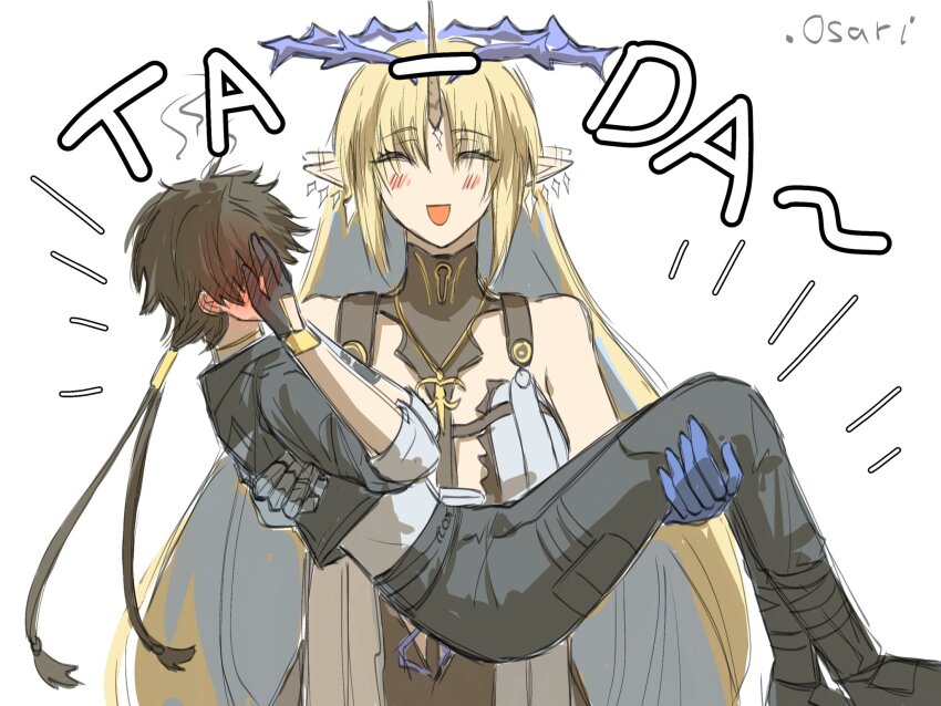 .osari, 1boy, 1girl, :d, bare_shoulders, black_collar, black_gloves, black_hair