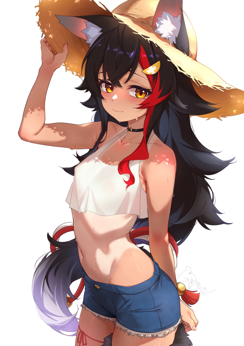 1girl, absurdres, alternate_breast_size_(smaller), animal_ears, black_hair, blue_shorts, blush, brown_eyes, closed_mouth, crop_top, ears_through_headwear, flat_chest, hand_on_headwear, hat, highres, hinanawi_mika, hololive, long_hair, multicolored_hair, navel, one-piece_tan, ookami_mio, shorts, simple_background, solo, standing, streaked_hair, sun_hat, tan, tanline, very_long_hair, virtual_youtuber, white_background, wolf_ears