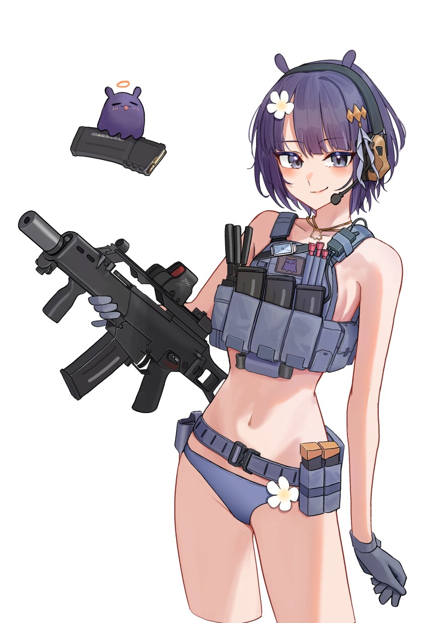 1girl, absurdres, adapted_costume, ammunition_pouch, assault_rifle, bikini, bob_cut, bulletproof_vest