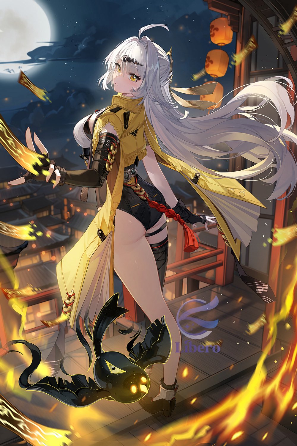 1girl, ass, bird, black_bird, from_behind, full_moon, high-waist_shorts, highres