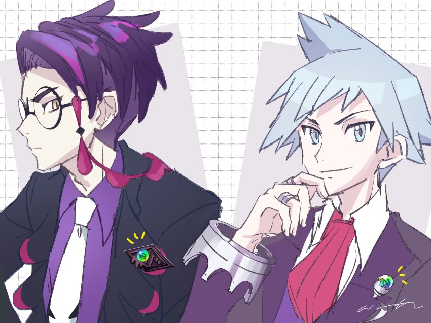 2boys, 6l226, black-framed_eyewear, black_jacket, closed_mouth, collared_shirt, commentary_request, corbeau_(pokemon)