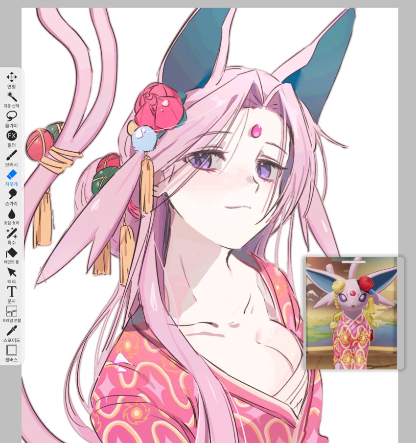 1girl, animal_ears, art_program_in_frame, breasts, cleavage, closed_mouth, collarbone, commentary