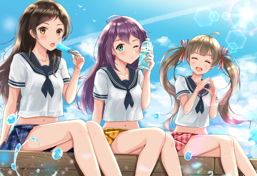 3girls, ahoge, aqua_eyes, arm_at_side, blue_neckerchief, blue_sailor_collar, blue_skirt, blue_sky