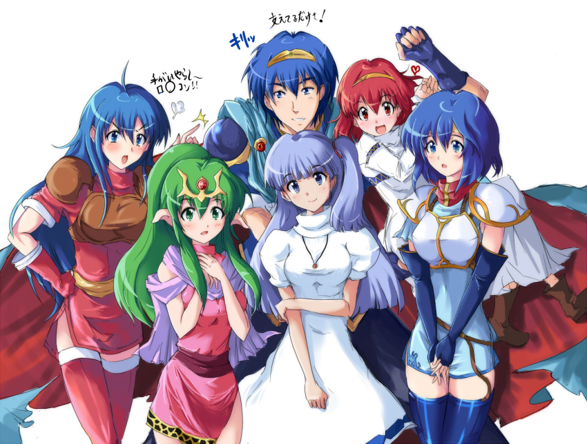 1boy, 5girls, :d, angry, arm_grab, armor, armored_dress, bad_id, bad_pixiv_id, blue_eyes, blue_hair, blush, boots, caeda_(fire_emblem), cape, catria_(fire_emblem), dress, echizen_(hvcv), elbow_gloves, fingerless_gloves, fire_emblem, fire_emblem:_mystery_of_the_emblem, fire_emblem:_shadow_dragon, gloves, green_eyes, green_hair, grin, hand_on_own_hip, harem, heart, hip_focus, holding_another's_arm, jealous, jewelry, long_hair, maria_(fire_emblem), marisha_(fire_emblem), marth_(fire_emblem), multiple_girls, nintendo, open_mouth, own_hands_together, pauldrons, pegasus_knight_uniform_(fire_emblem), pendant, pimp, pointy_ears, red_eyes, red_hair, scarf, short_hair, shoulder_armor, shy, side_ponytail, sidelocks, smile, thigh_boots, thighhighs, tiara, tiki_(fire_emblem), tiki_(young)_(fire_emblem), tsundere, v_arms, zettai_ryouiki