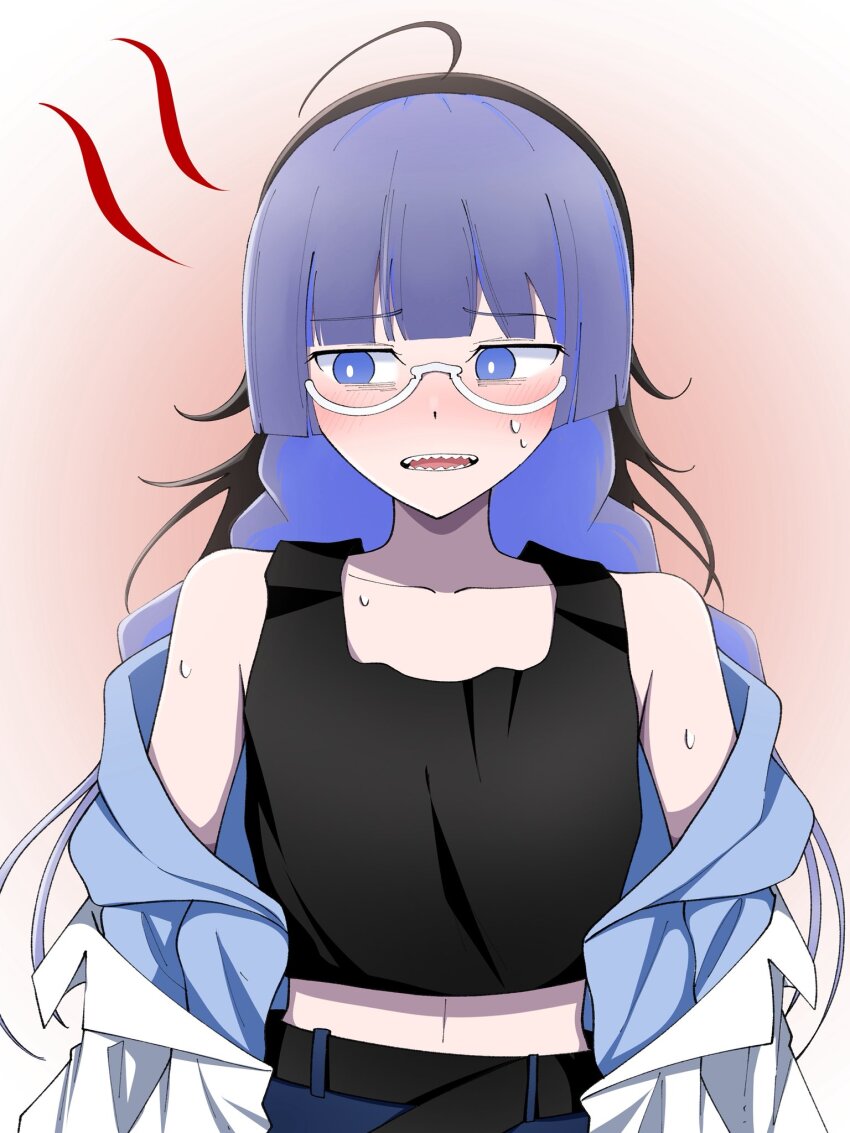 1girl, ado_(utaite), ahoge, black_hair, black_tank_top, blue_eyes, blue_hair, blue_jacket