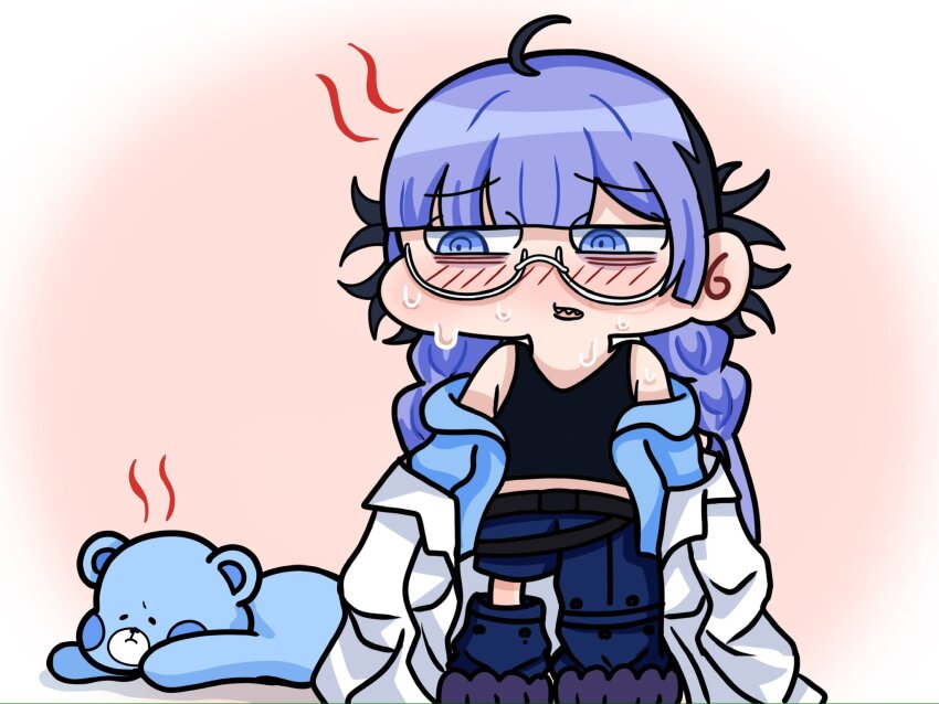 1girl, ado_(utaite), black_tank_top, blue_eyes, blue_hair, blue_jacket, blue_pants, blush