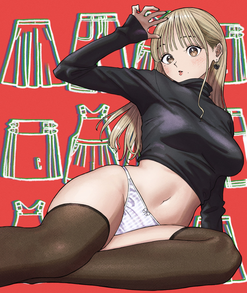 1girl, arm_support, arm_up, black_sweater, blonde_hair, blush, bow, bow_panties
