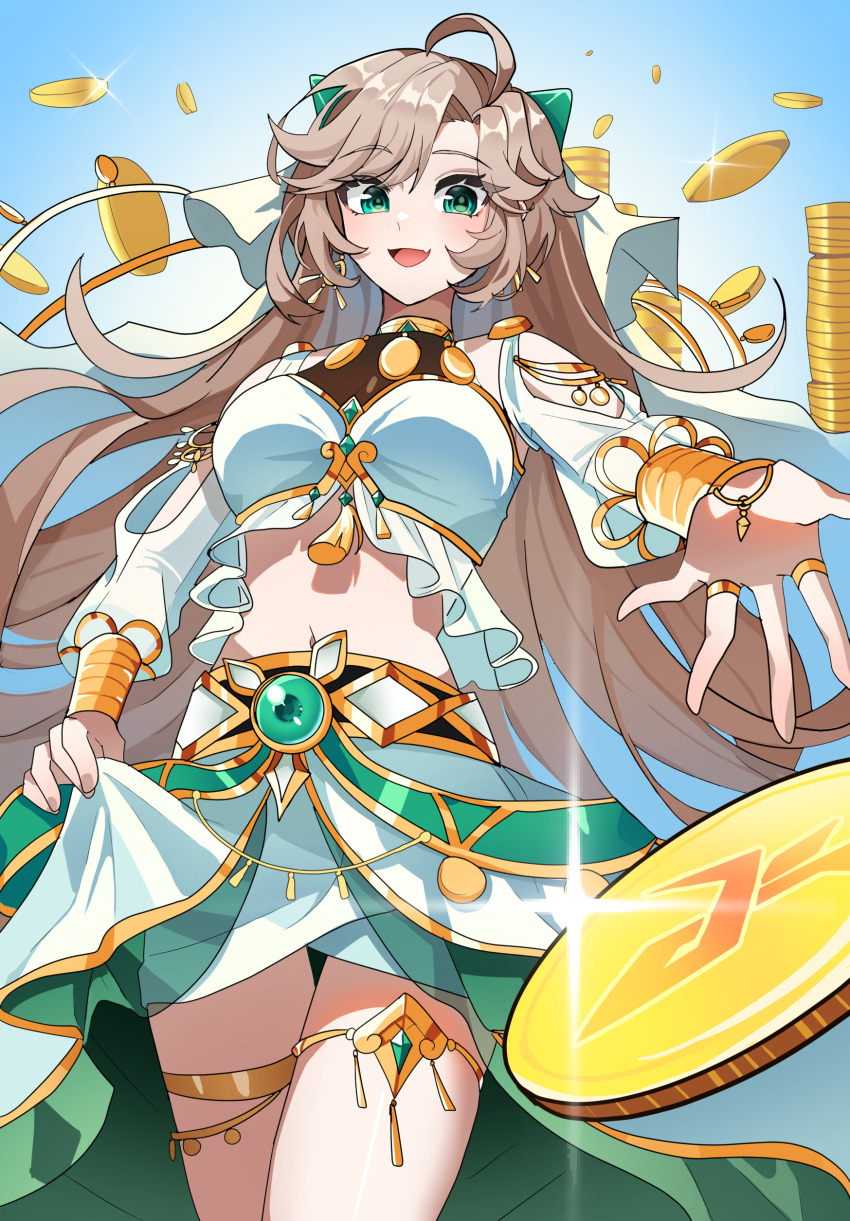 1girl, absurdres, ahoge, asdff9919, avarice_(elsword), coin, commentary, elsword