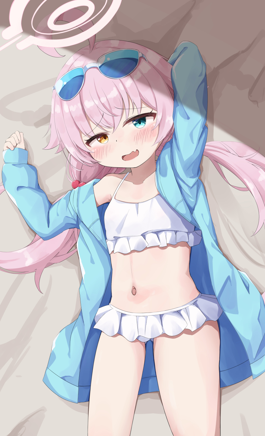 1girl, absurdres, ahoge, bikini, blue_archive, blue_eyes, blue_jacket, blush