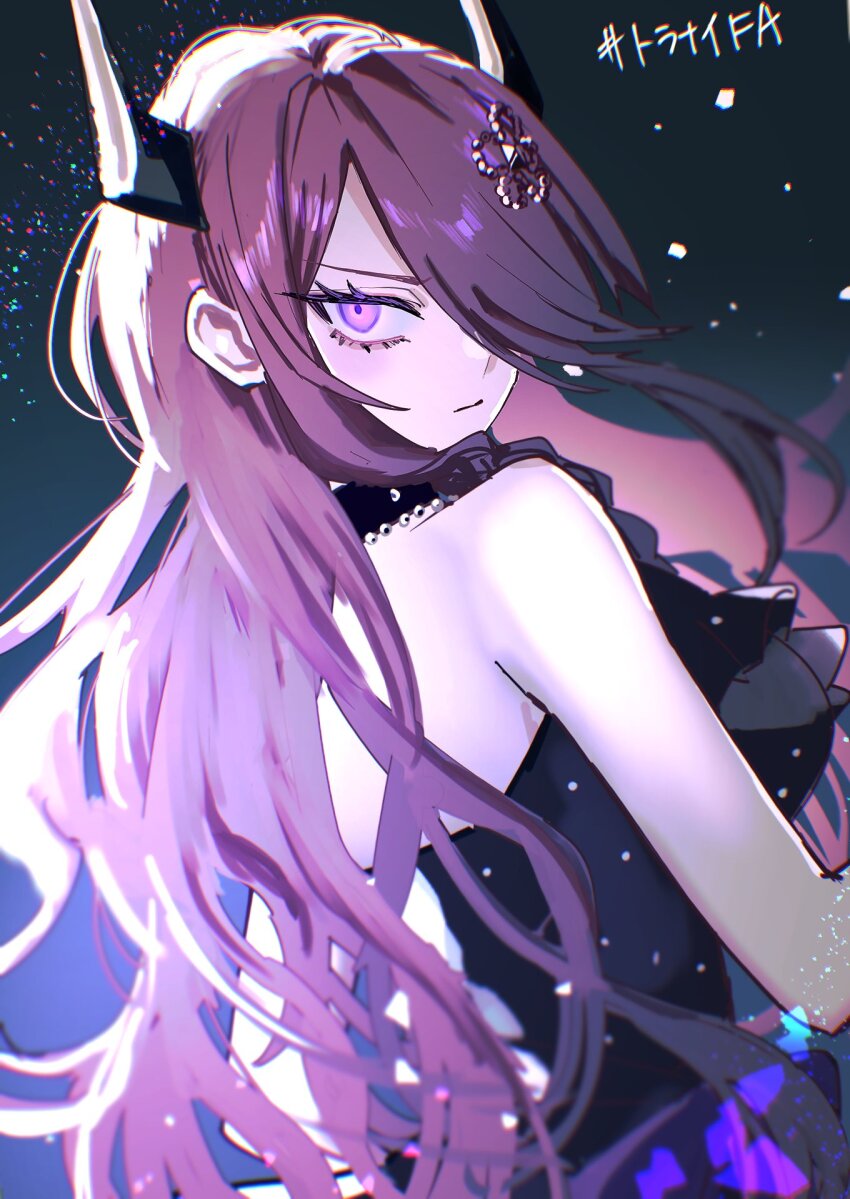 1girl, :|, backless_dress, backless_outfit, bare_shoulders, black_dress, black_horns, breasts