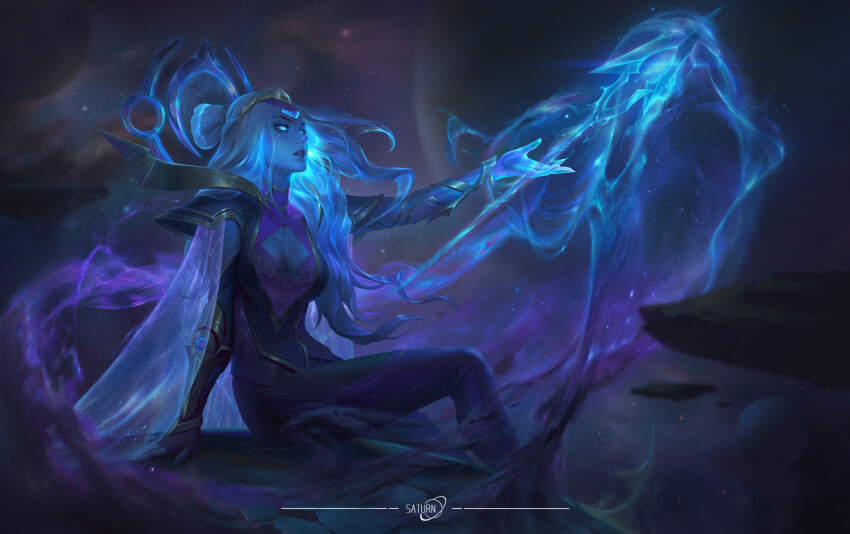 1girl, absurdres, arm_support, ashe_(league_of_legends), blue_eyes, blue_hair, blue_skin, braid