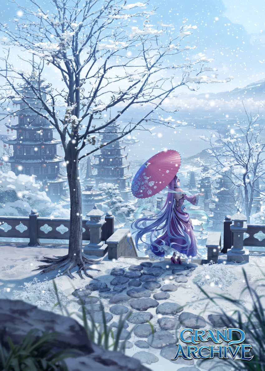 architecture, backless_dress, backless_outfit, bare_shoulders, bare_tree, blue_ribbon, blue_shawl, blurry