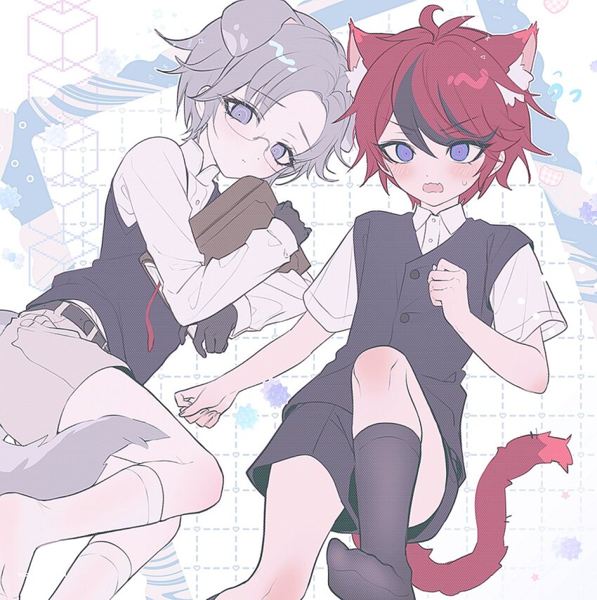 2boys, 4ro_1011, aged_down, animal_ear_fluff, animal_ears, aotsuki_eito, black_hair, black_shoes, black_socks, black_vest, blue_eyes, book, cat_boy, cat_ears, cat_tail, dog_boy, dog_ears, dog_tail, eyelashes, glasses, gloves, grey_eyes, grey_shorts, highres, holding, holding_book, kemonomimi_mode, long_sleeves, male_focus, multicolored_hair, multiple_boys, open_mouth, red_hair, shirt, shoes, shorts, socks, streaked_hair, sumino_takumi, sweat, tail, the_hundred_line_-last_defense_academy-, vest, white_shirt, white_socks