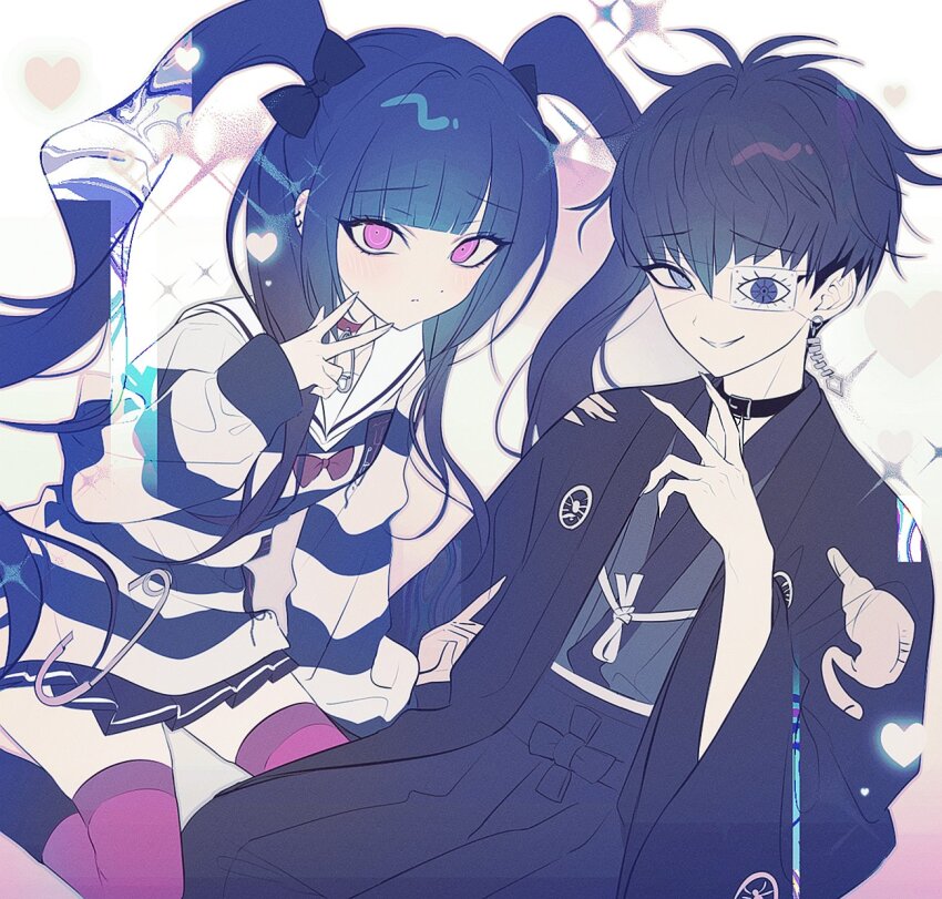 1boy, 1girl, 4ro_1011, amemiya_darumi, black_choker, black_hair, blue_eyes, blue_hair