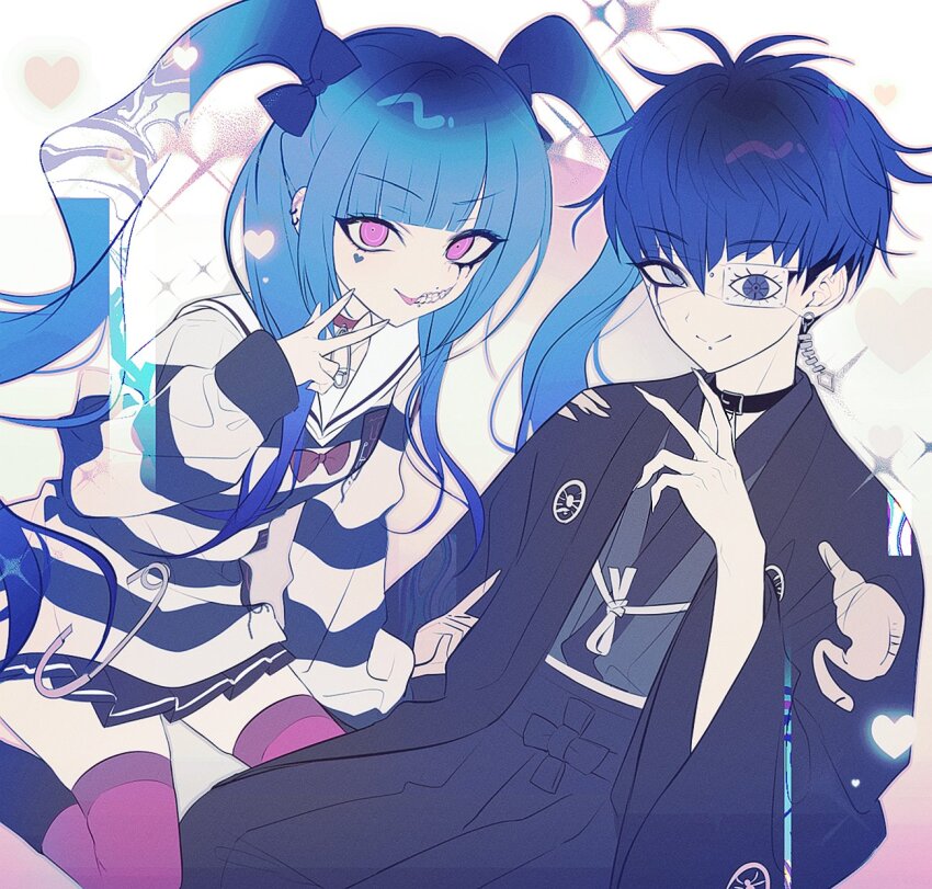 1boy, 1girl, 4ro_1011, amemiya_darumi, black_choker, black_hair, blue_eyes, blue_hair