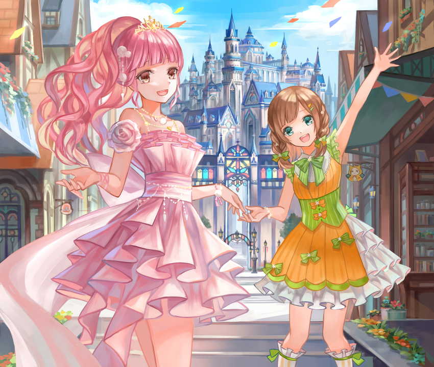 2girls, apron, aqua_eyes, arm_up, back_bow, bare_arms, bare_shoulders, bead_bracelet