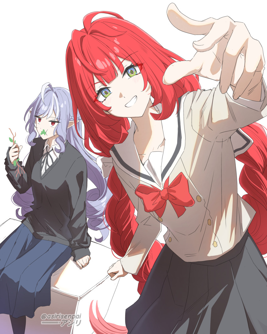 2girls, absurdres, asiri_senpai, black_skirt, black_sweater, blue_skirt, bocchi_the_rock!, breasts, commentary, cosplay, eating, food_in_mouth, green_eyes, grey_shirt, hasegawa_ikumi, highres, kita_ikuyo, kita_ikuyo_(cosplay), long_hair, looking_at_viewer, medium_breasts, mizuno_saku, multiple_girls, pointy_ears, purple_hair, reaching, reaching_towards_viewer, red_eyes, red_hair, shirt, simple_background, sitting, skirt, sweater, ukinami_yuzuha, vivian_banshee, voice_actor_connection, white_background, yamada_ryo, yamada_ryo_(cosplay), zenless_zone_zero